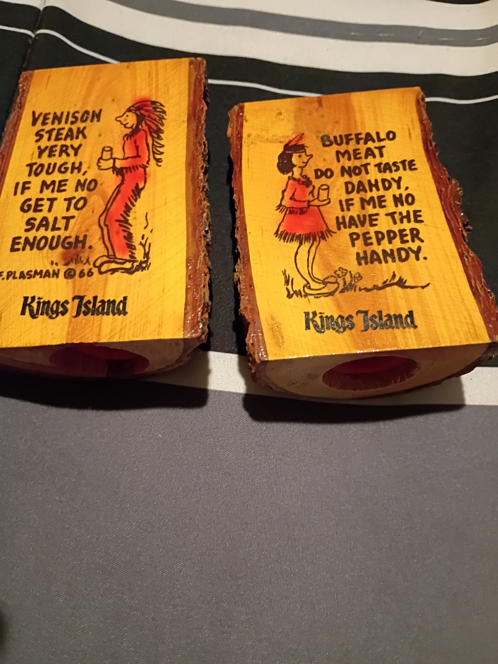 1966 Vintage Wood Bark Kings Island Souvenir Salt and Pepper Shakers CUTE POEMS